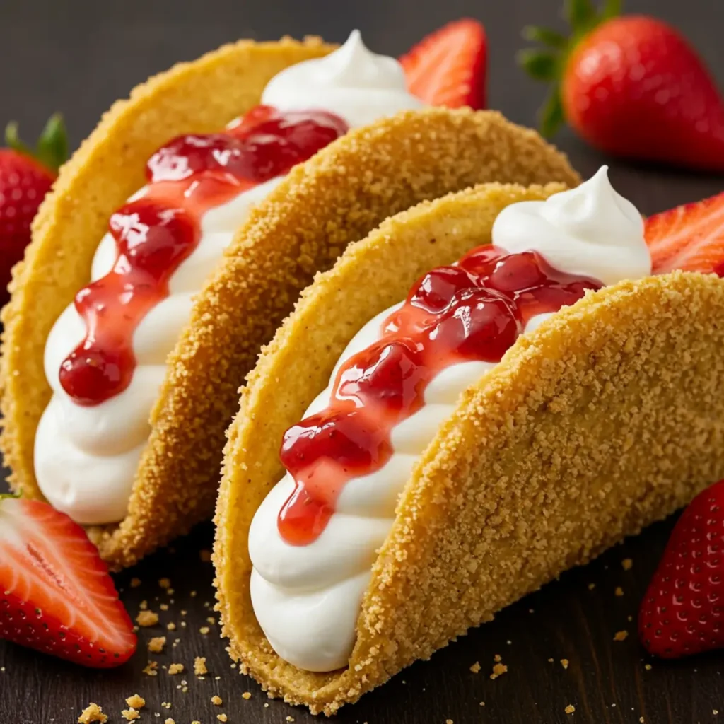 Strawberry cheesecake tacos with graham cracker shells and strawberry topping