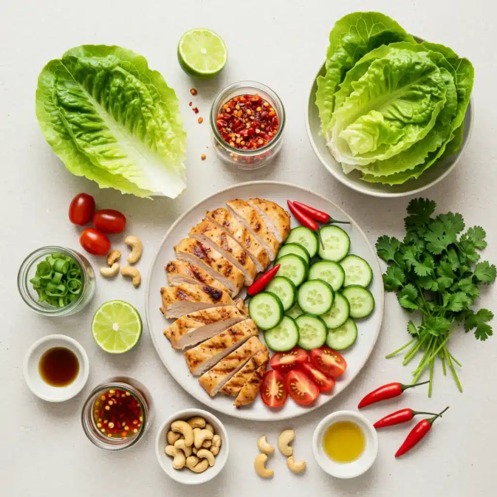 Thai Chicken Salad ingredients on a rustic table