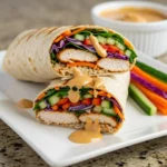 Thai Peanut Chicken Wraps with Colorful Vegetables and Peanut Sauce
