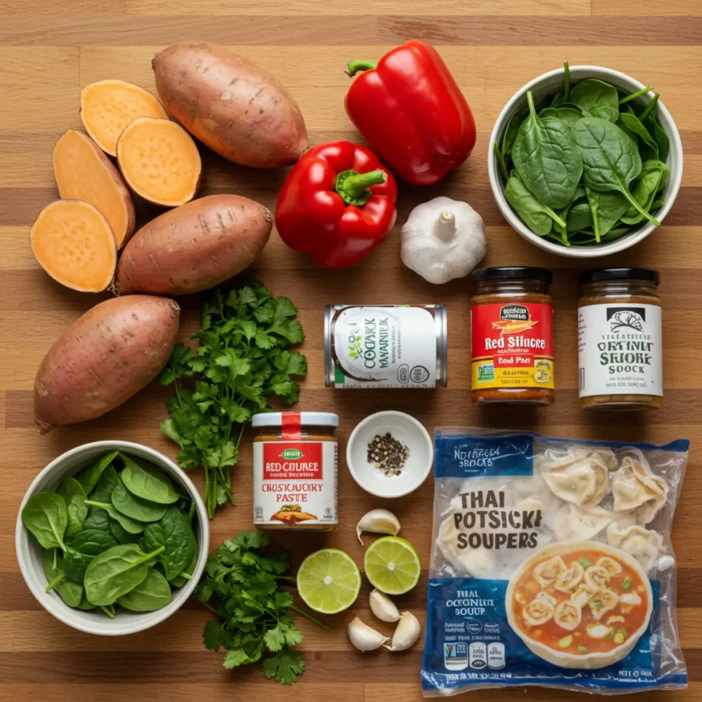 Ingredients for Thai Potsticker Soup on a kitchen counter