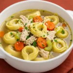 Tortellini Soup with Chicken Broth served in a white bowl
