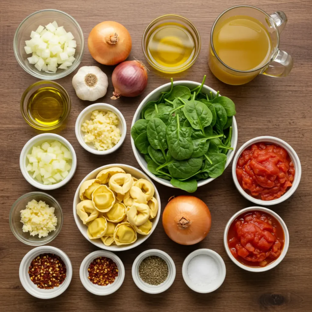 Ingredients for tortellini soup with chicken broth