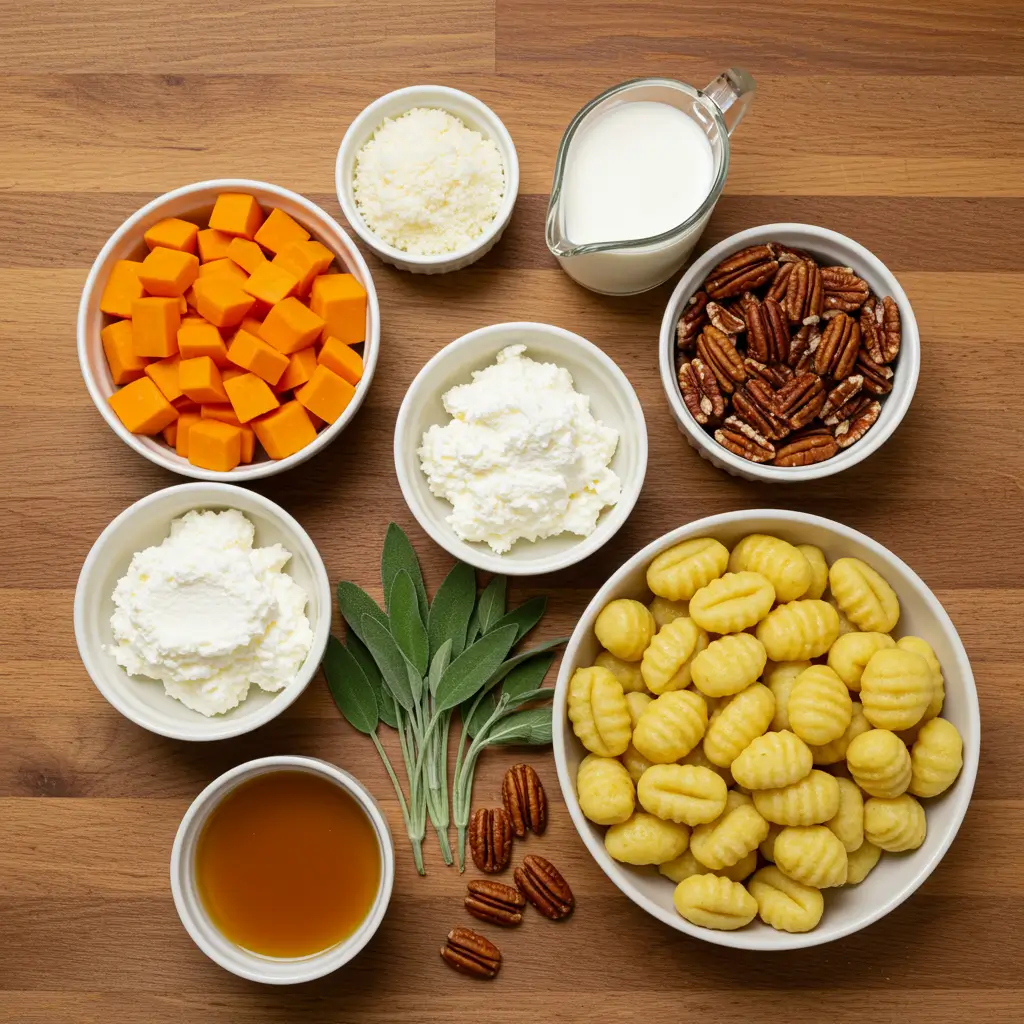 Air Fryer Pumpkin Gnocchi Bake ingredients on a wooden table