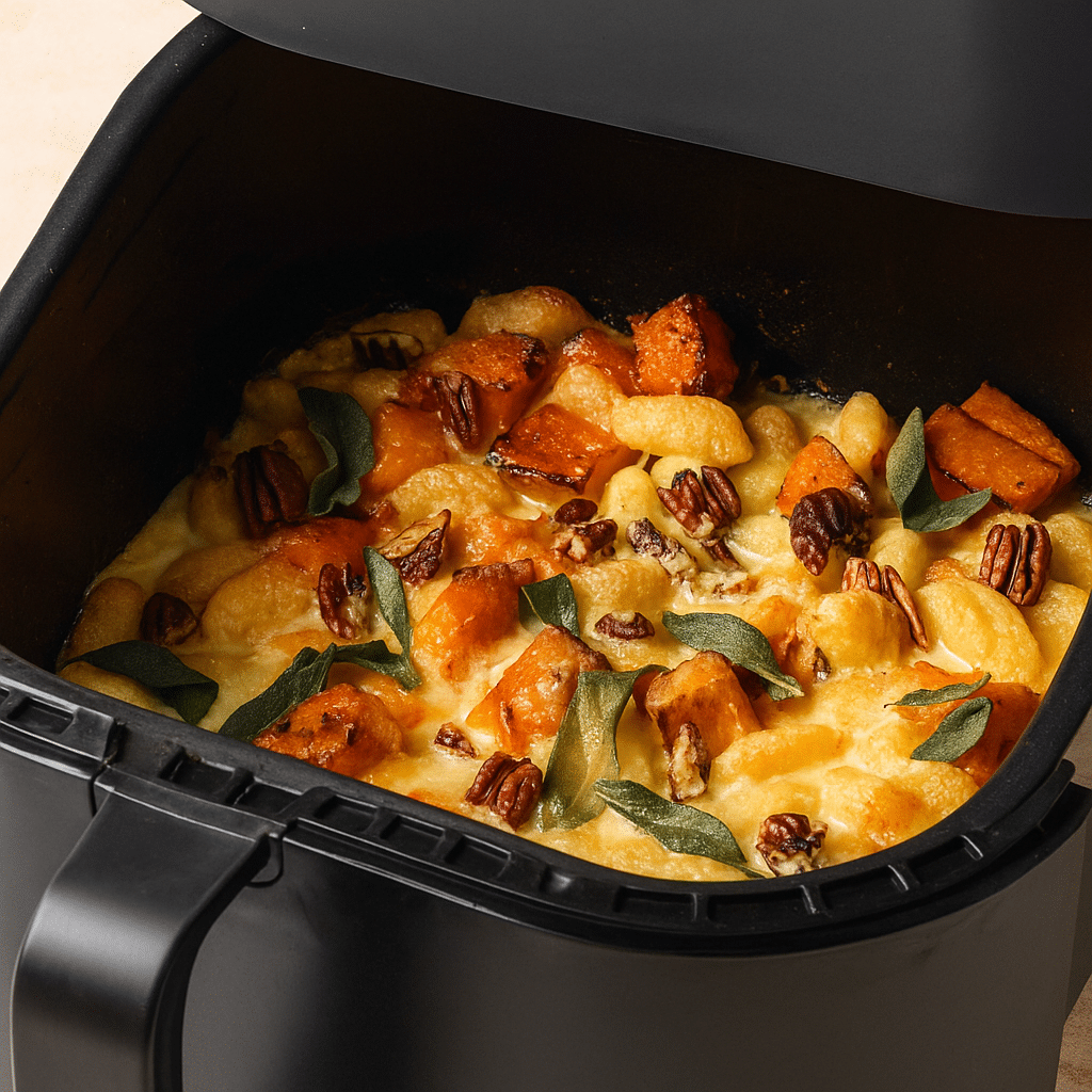 Air Fryer Pumpkin Gnocchi Bake with pumpkin, pecans, and crispy sage