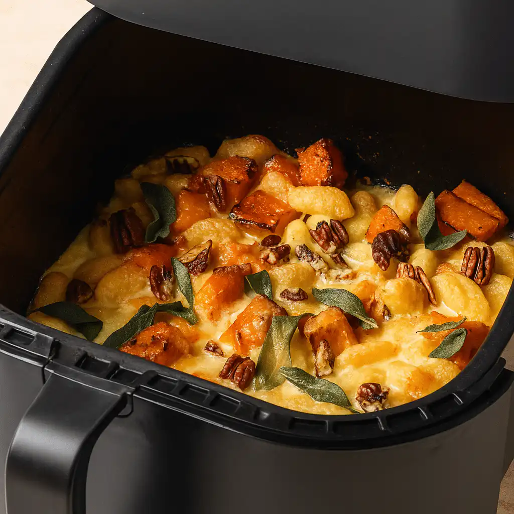 Air Fryer Pumpkin Gnocchi Bake with pumpkin, pecans, and crispy sage
