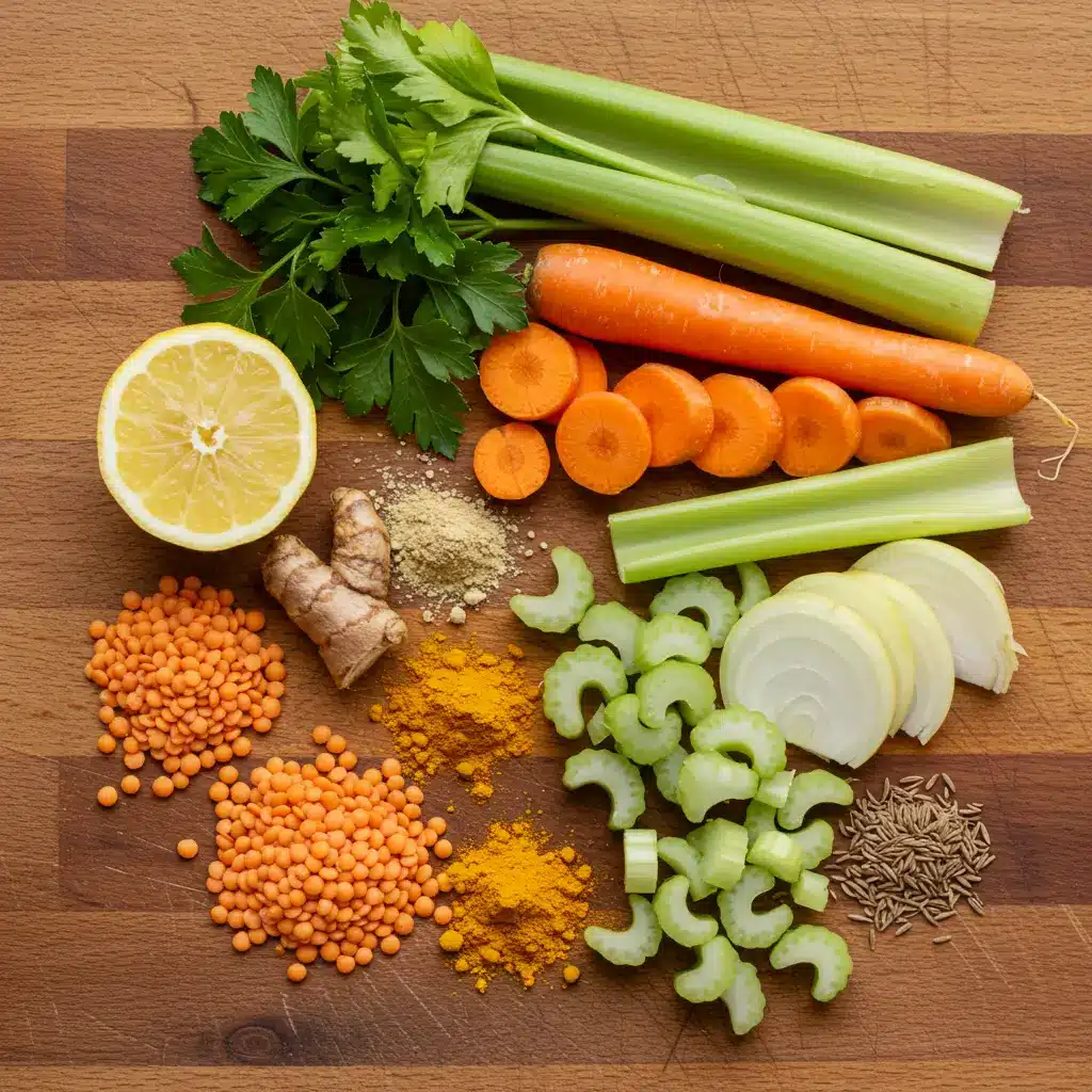 anti-inflammatory lentil soup ingredients laid out on table