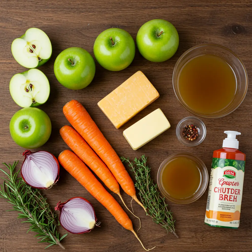 apple cheddar soup ingredients on rustic board