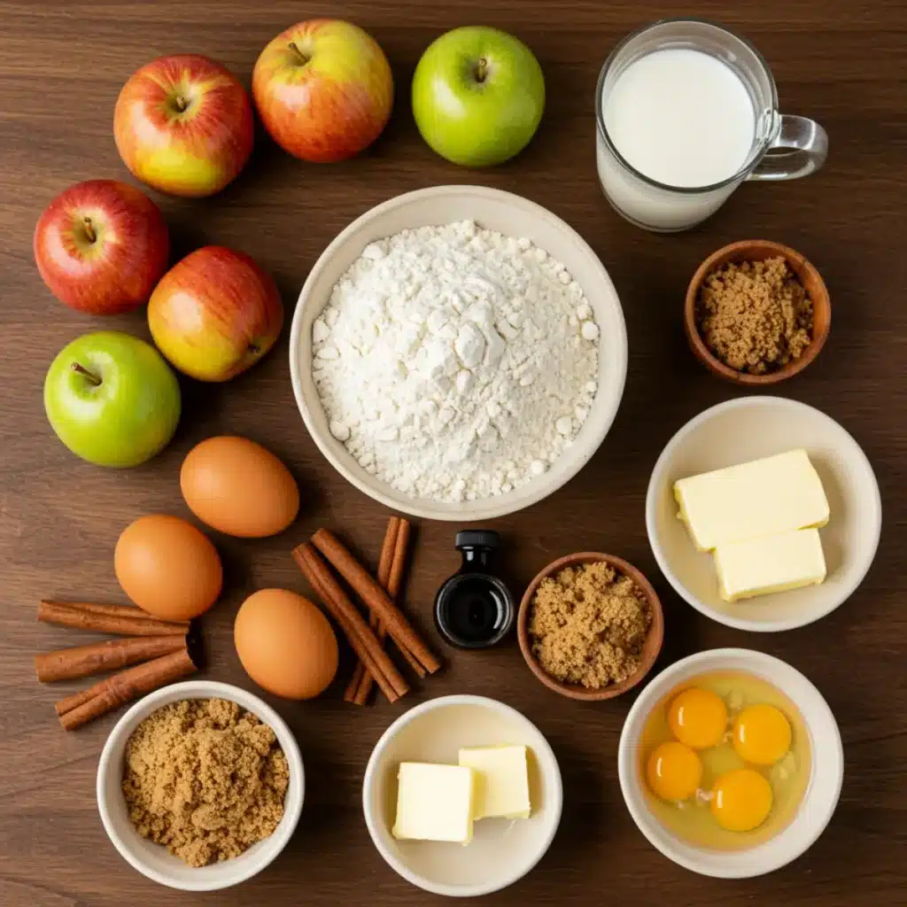Ingredients for Apple Cinnamon Loaf on a rustic kitchen table