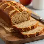Freshly baked Apple Cinnamon Loaf sliced on a wooden board