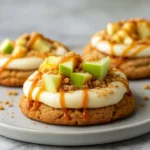 apple cookies with caramel cream cheese frosting on rustic plate