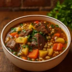 bowl of beef and barley soup with bread