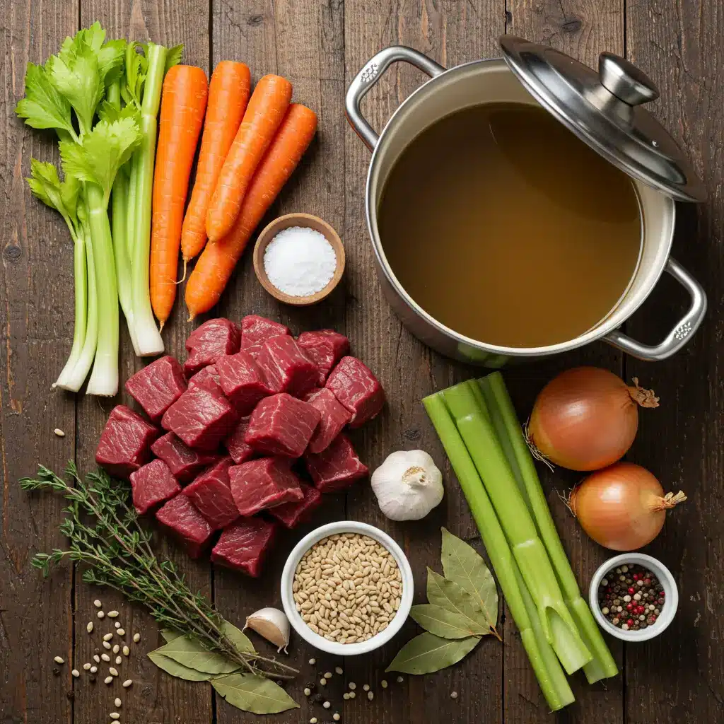 beef and barley soup ingredients flat lay