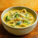 Broccoli Cheddar Soup With Shells served in a bowl with bread.