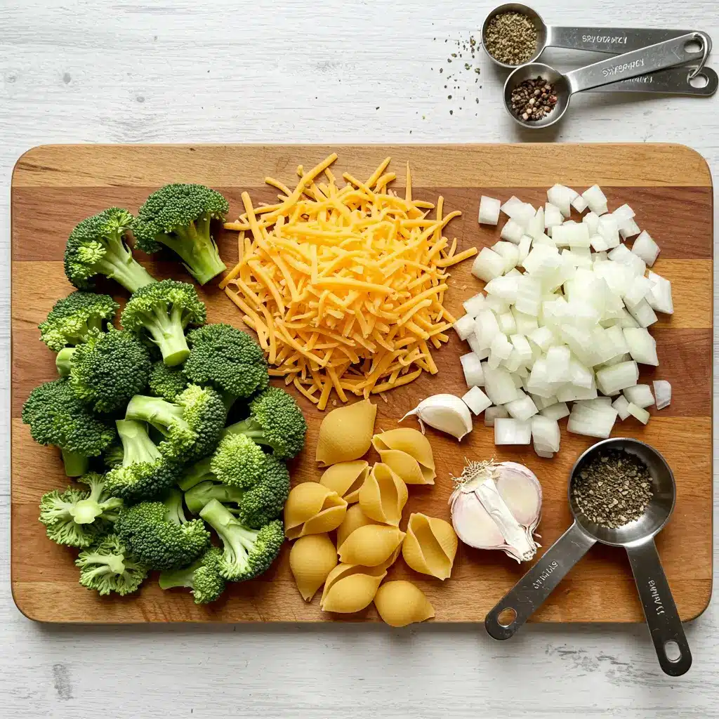 Ingredients for Broccoli Cheddar Soup With Shells on a wooden board.