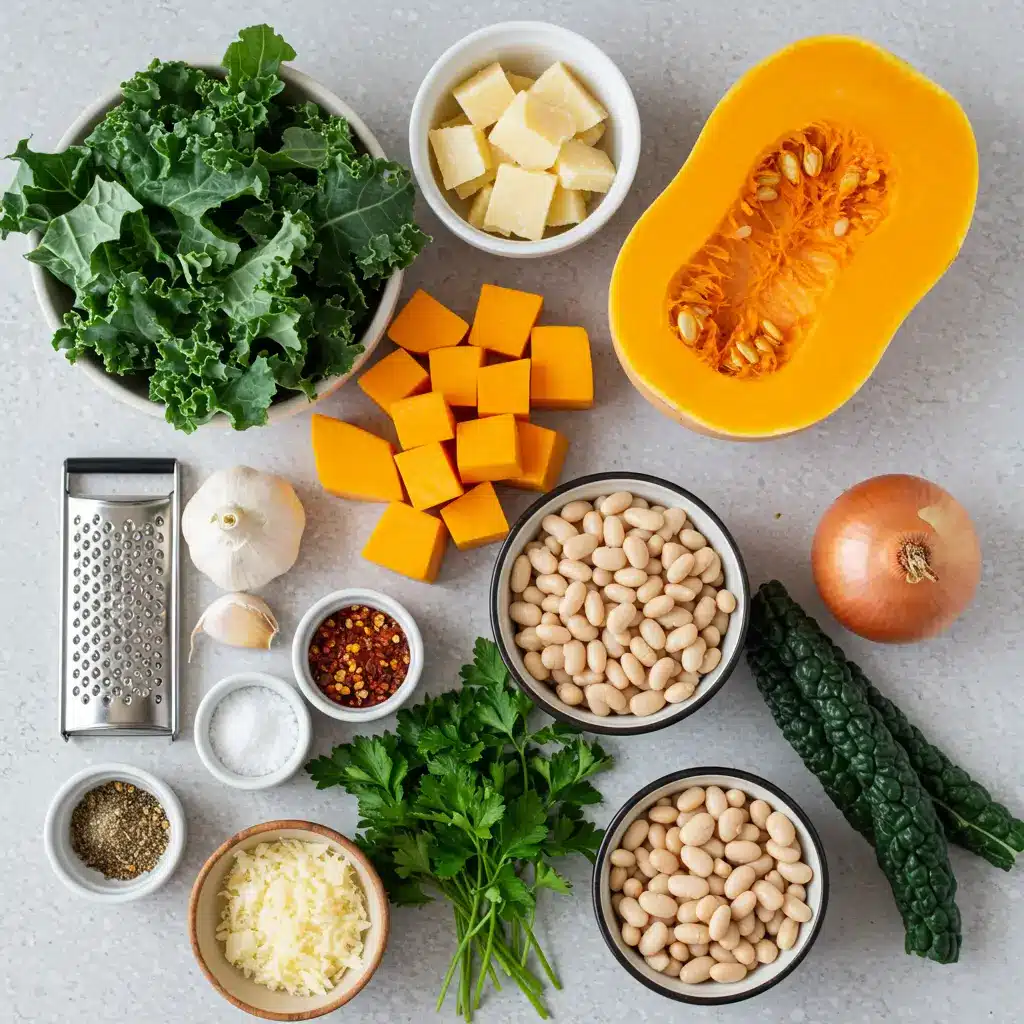 fresh ingredients for butternut squash kale and white bean soup