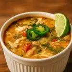 Cajun White Chicken Chili in a bowl with beans and jalapeños