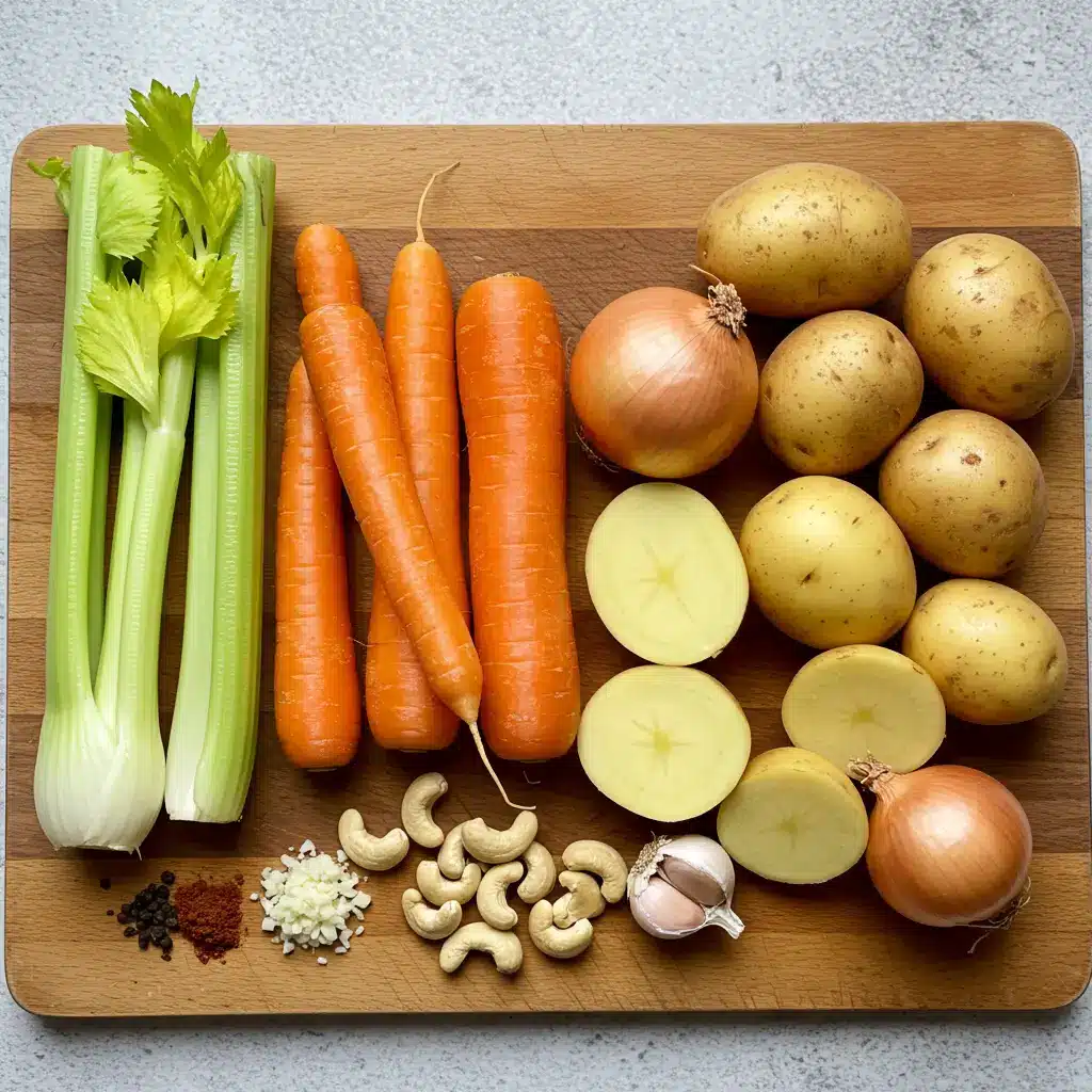 carrot potato soup ingredients on a board