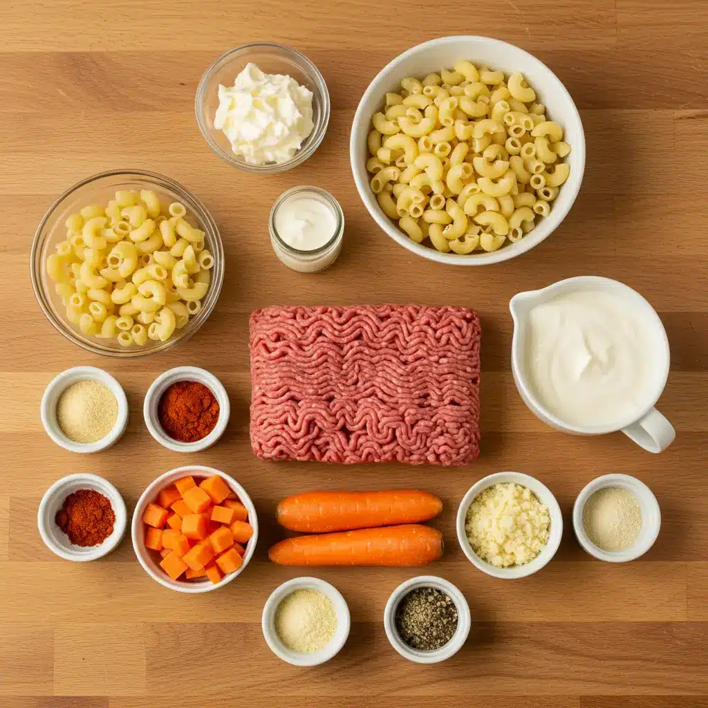 cheeseburger macaroni soup ingredients flat lay