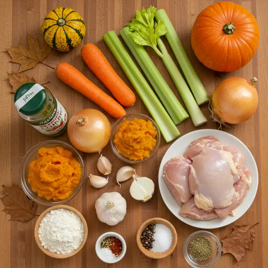 Chicken and Pumpkin Dumplings ingredients flat lay