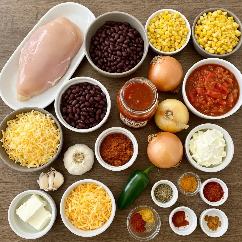 Chicken Enchilada Soup Recipe ingredients flat lay