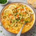 chicken pastina soup in a rustic bowl with star pasta and parsley