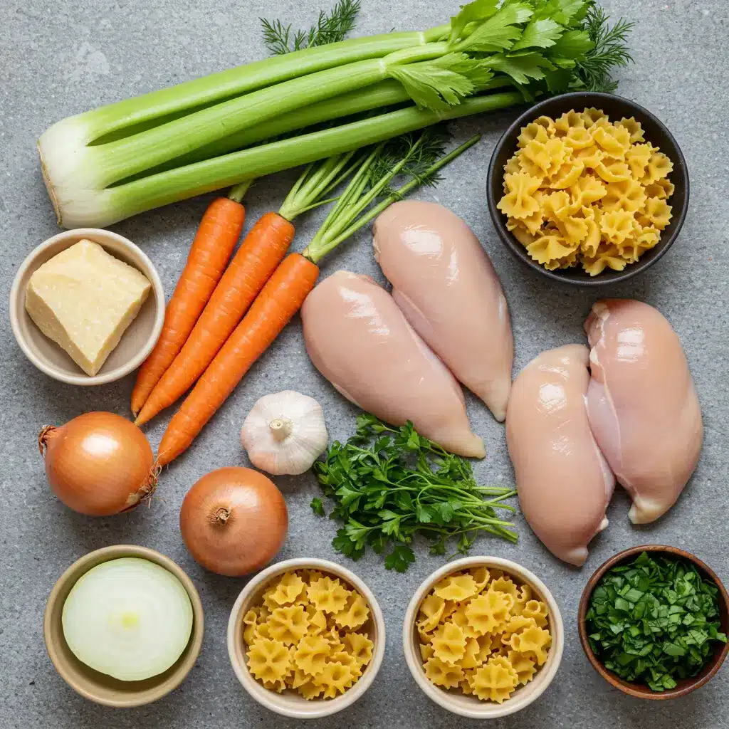 chicken pastina soup ingredients neatly arranged on a counter