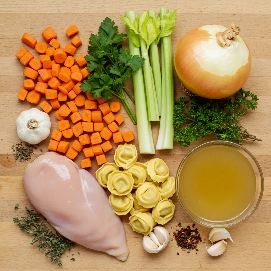 Chicken Tortellini Soup ingredients flat lay