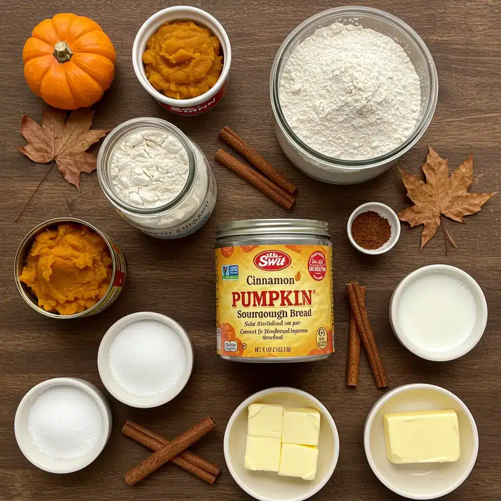 Ingredients for Cinnamon Swirl Pumpkin Sourdough Bread on rustic table