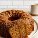 Cinnamon Zucchini Coffee Cake with streusel topping and caramel drizzle