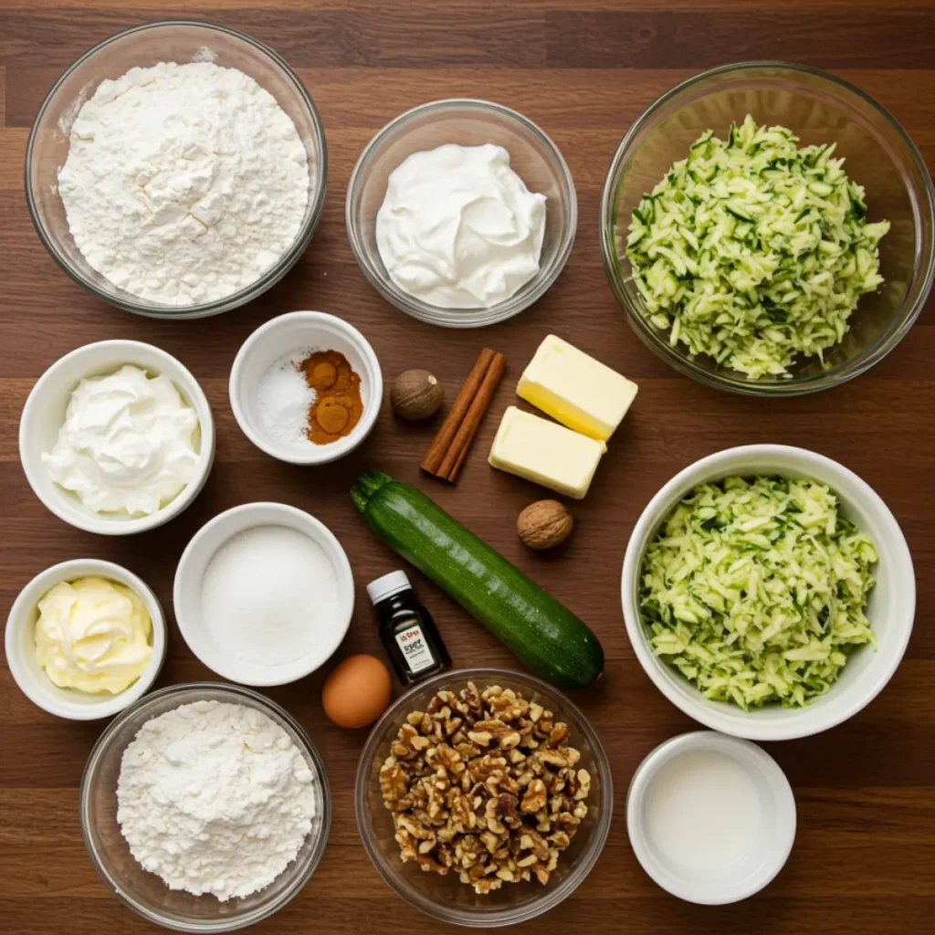 Cinnamon Zucchini Coffee Cake ingredients laid out on a rustic counter