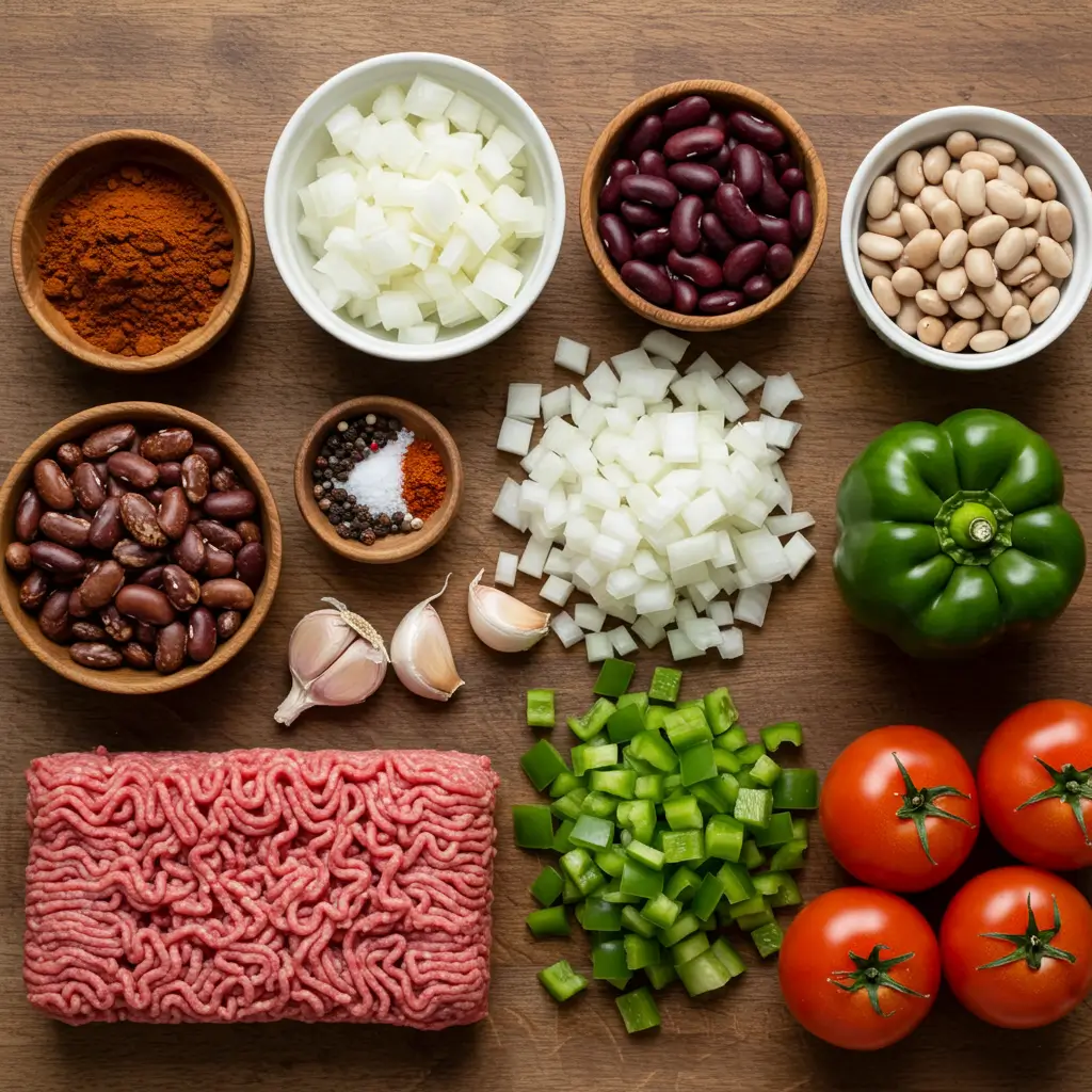 ingredients for classic beef chili on wooden table