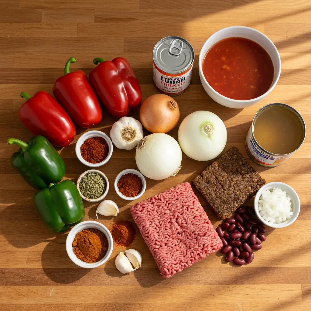 classic chili recipe ingredients laid out on counter