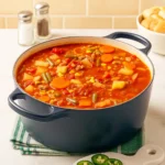 Cowboy Soup served in a rustic bowl with hearty beef and vegetables.
