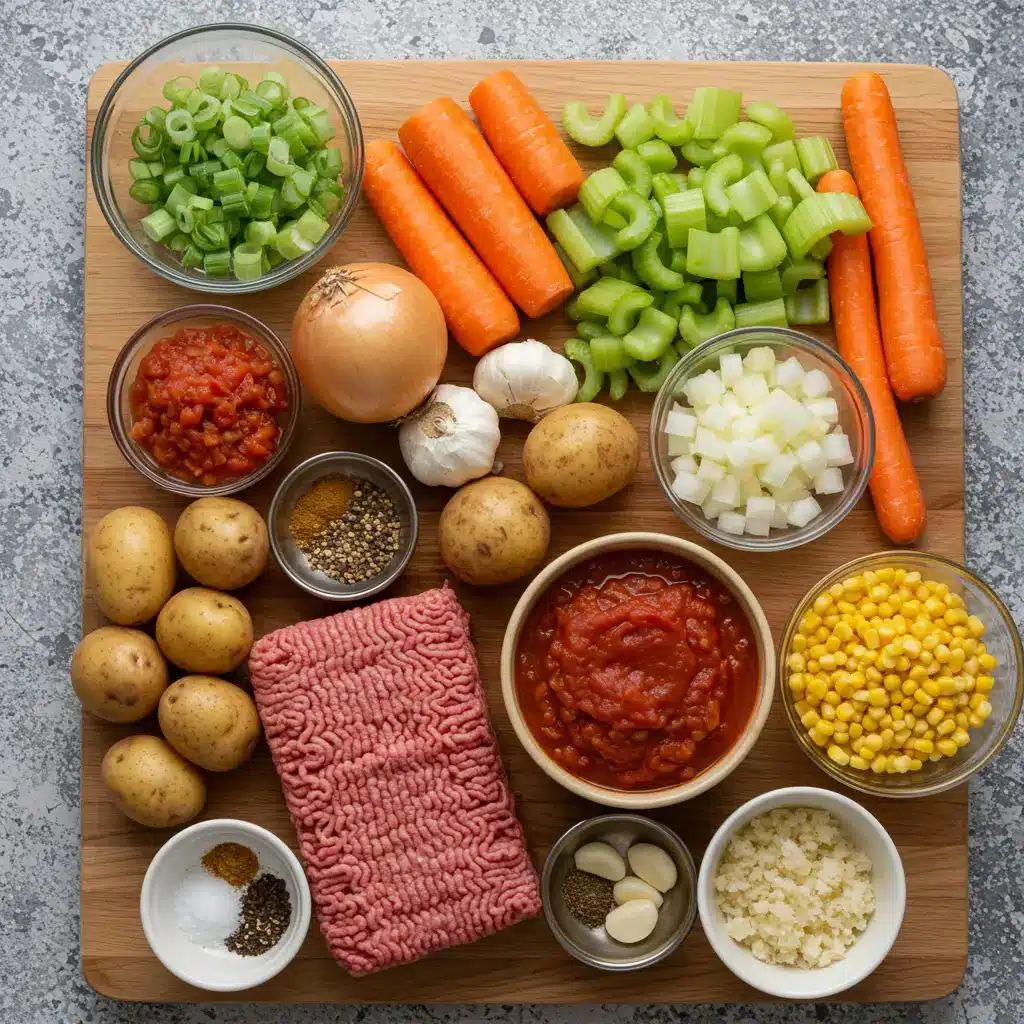 Ingredients for Cowboy Soup displayed on a rustic kitchen counter.