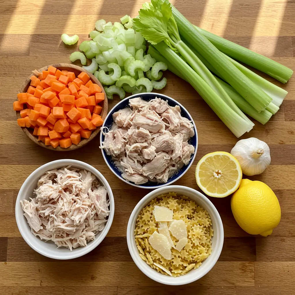 Cozy chicken and stars soup ingredients neatly arranged.