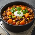 Cozy Crockpot Pumpkin Chili with beans, pumpkin, and toppings in a black bowl