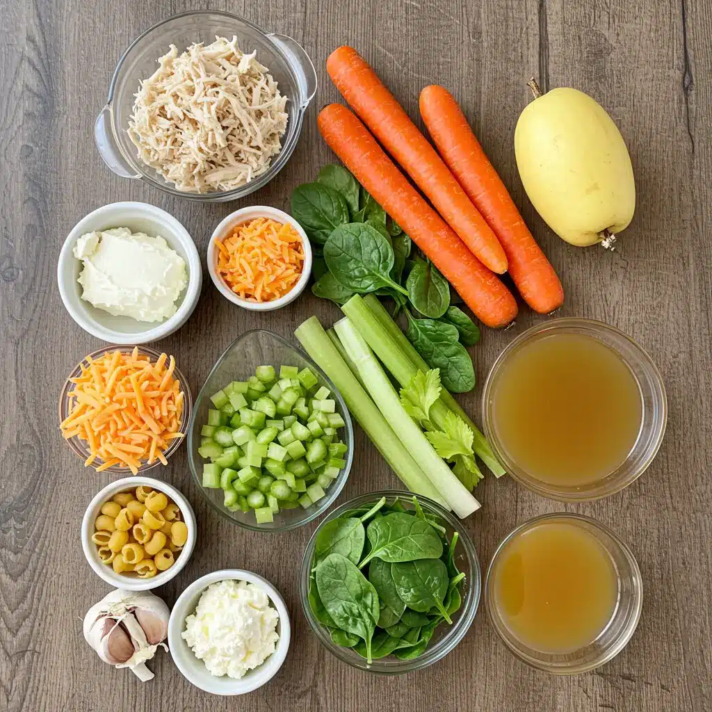 Ingredients for creamy chicken pasta soup on rustic table