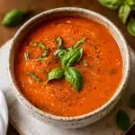 creamy cottage cheese tomato soup in a rustic bowl