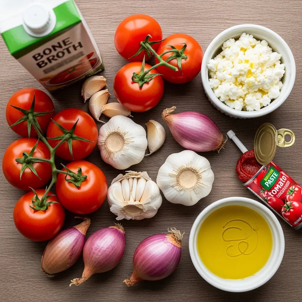ingredients for creamy cottage cheese tomato soup on rustic table
