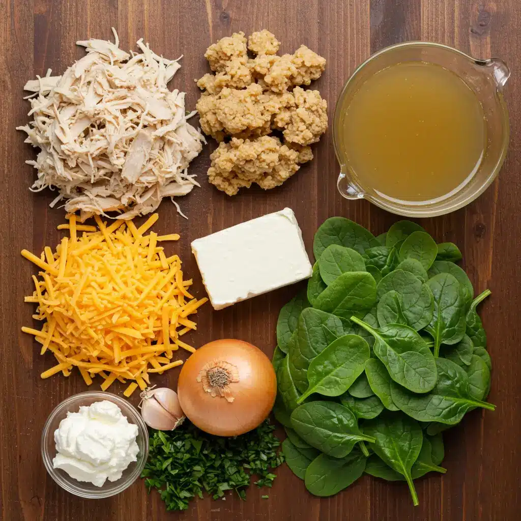 Ingredients for Creamy Crack Chicken Soup including chicken, bacon, cheese, and spinach