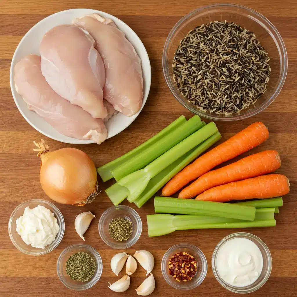 creamy crockpot chicken wild rice soup ingredients displayed on wooden board