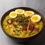 creamy garlic chicken ramen with eggs and green onions