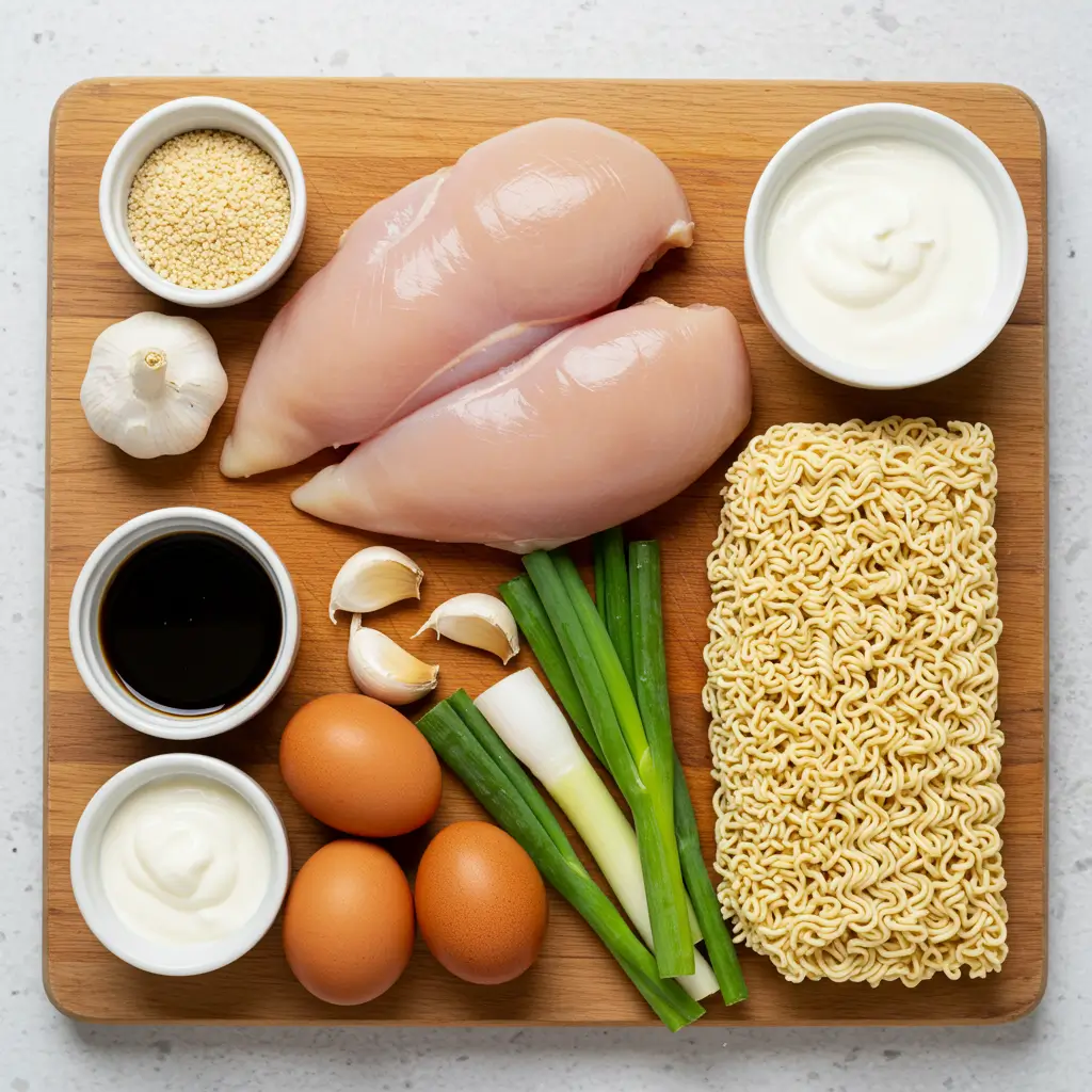 creamy garlic chicken ramen ingredients neatly arranged