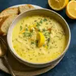 Creamy Greek Lemon Chicken Soup served hot with lemon zest and fresh dill.