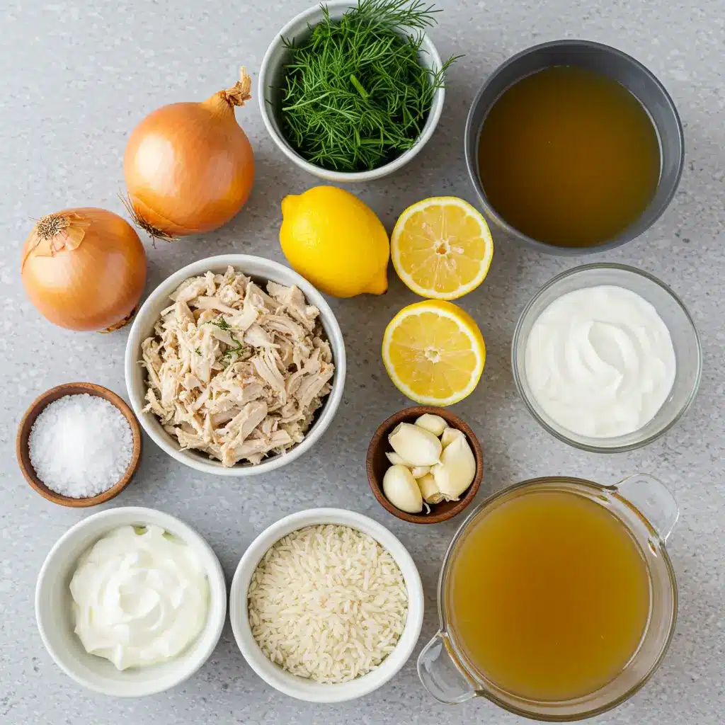 Ingredients for creamy Greek lemon chicken soup including chicken, lemons, Greek yogurt, and dill.