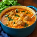creamy italian meatball soup in rustic bowl