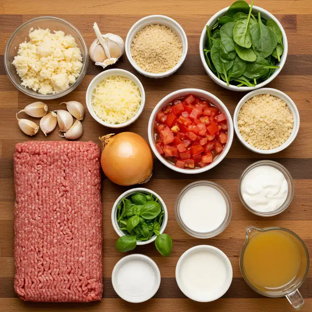 creamy italian meatball soup ingredients flat lay