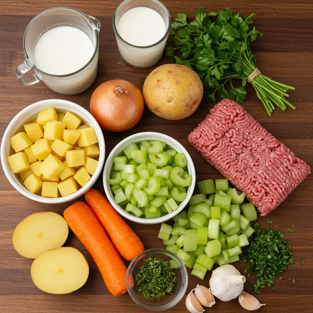 creamy potato hamburger soup ingredients flat lay