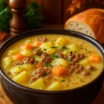 creamy potato hamburger soup served in rustic bowl