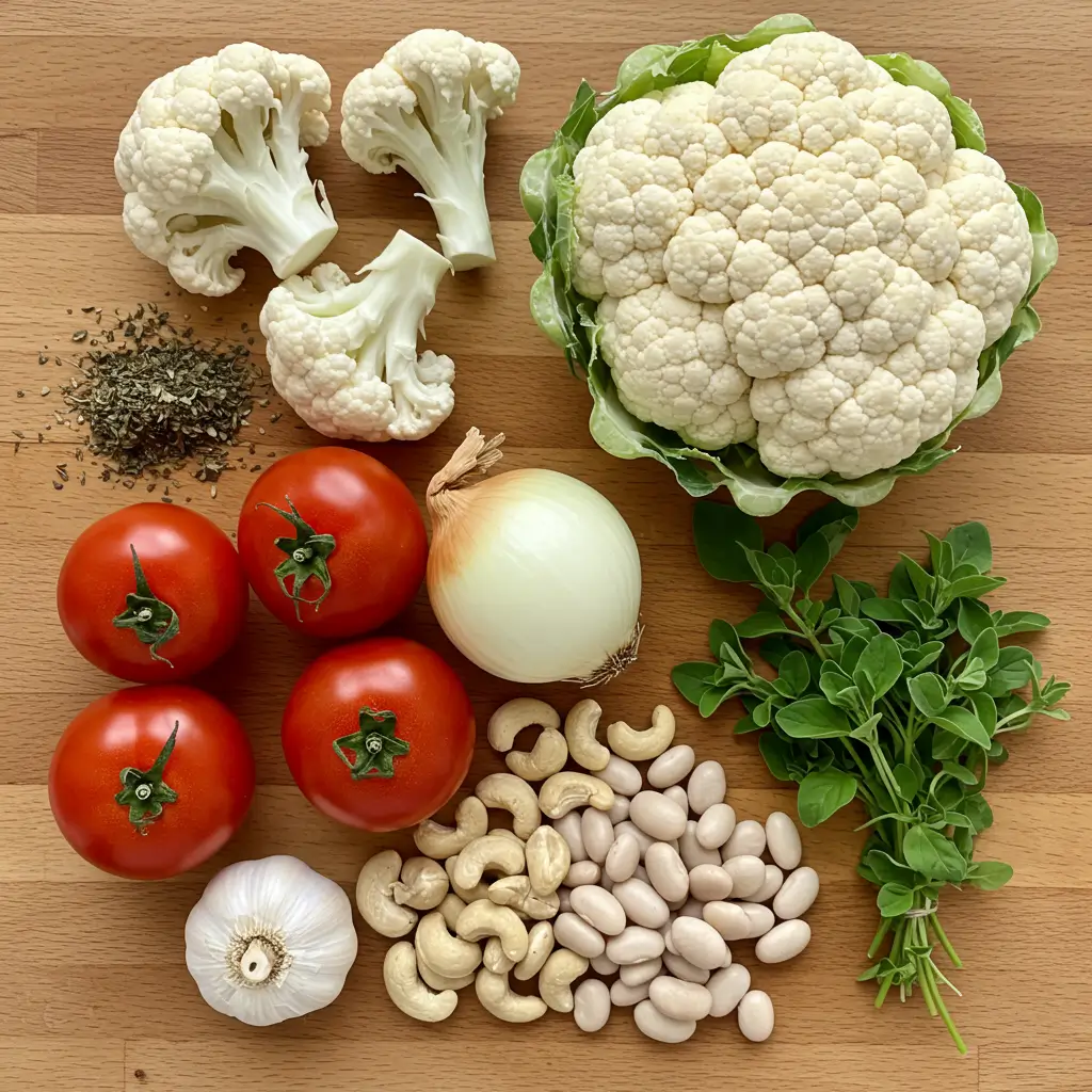ingredients for creamy vegan tomato and cauliflower bisque on wooden board